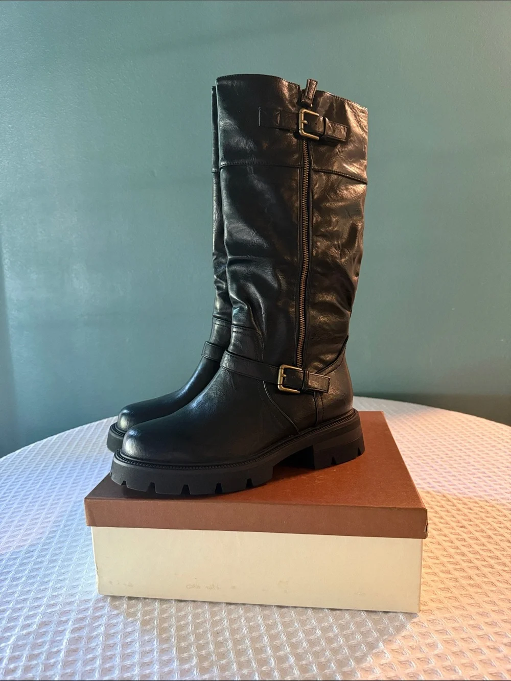 Black Leather Over-the-Knee Lug-Sole Boots